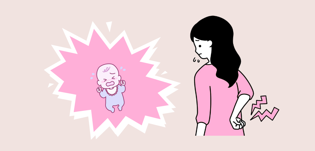 腰痛の母と泣く赤ちゃん